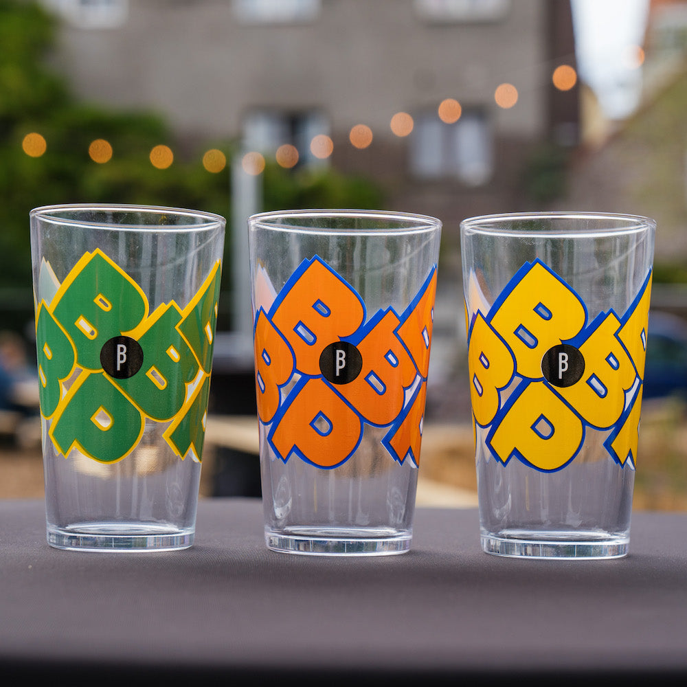 There are 3 versions of the colored pint glasses from BBP. Orange, green and yellow are the options.