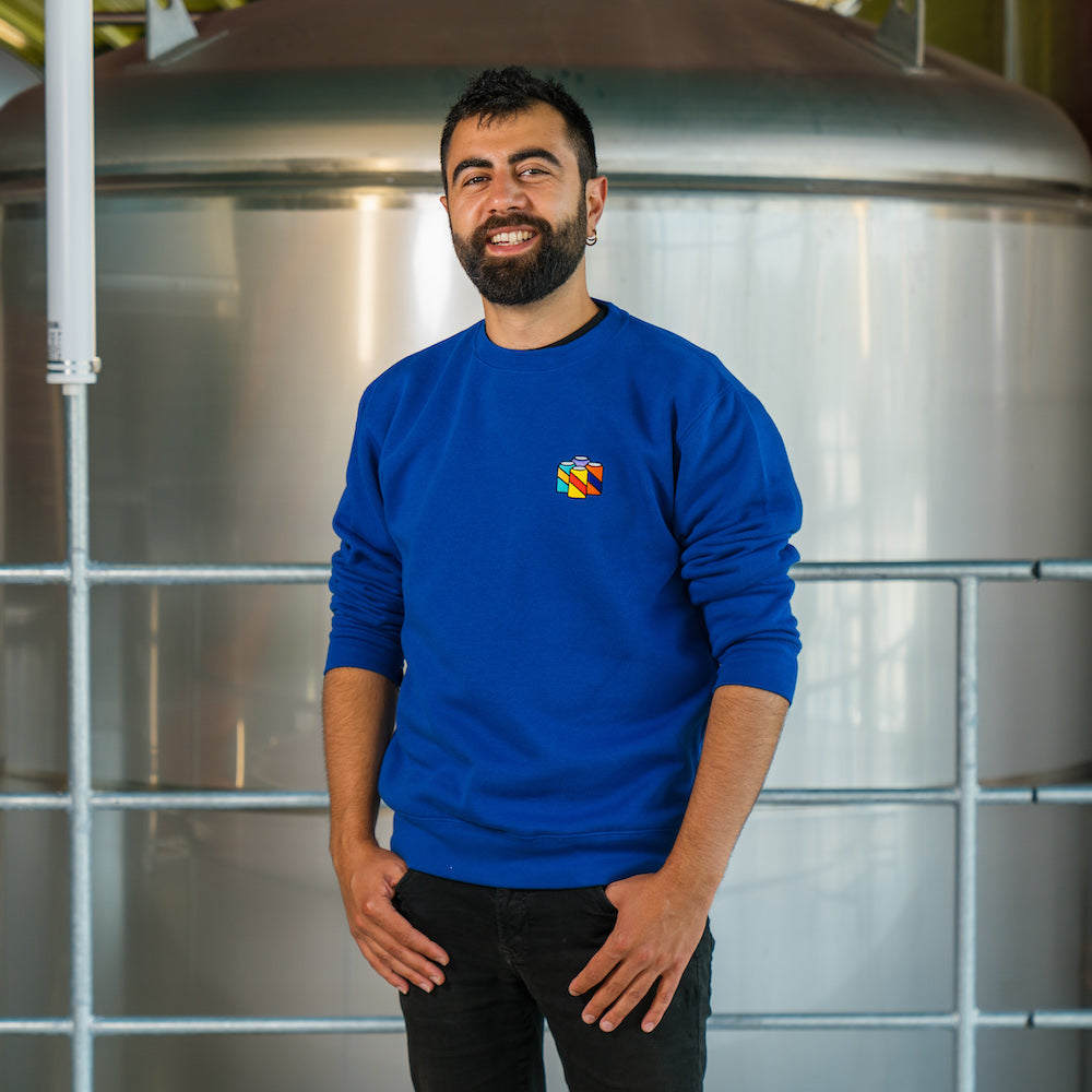 Brussels Beer Project blue crewneck when worn. 